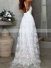 A-line V-neck Tulle Sweep Train Appliques Lace Wedding Dresses #UKM00024519