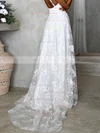 A-line V-neck Tulle Sweep Train Appliques Lace Wedding Dresses #UKM00024519