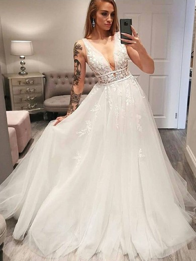 A-line V-neck Tulle Sweep Train Appliques Lace Wedding Dresses #UKM00024521