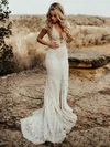 Trumpet/Mermaid Scalloped Neck Lace Silk-like Satin Sweep Train Wedding Dresses #UKM00024522