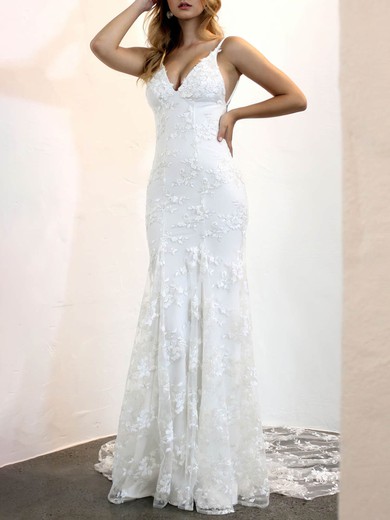 Trumpet/Mermaid V-neck Lace Sweep Train Wedding Dresses #UKM00024525
