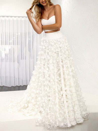 A-line Strapless Lace Court Train Appliques Lace Wedding Dresses #UKM00024526