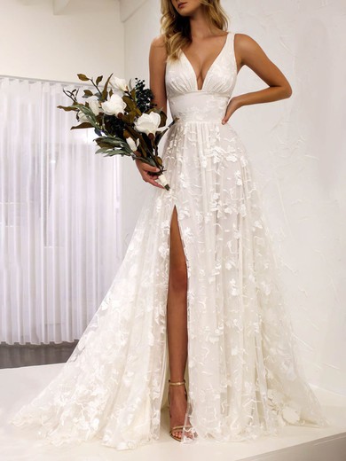 A-line V-neck Lace Sweep Train Appliques Lace Wedding Dresses #UKM00024527