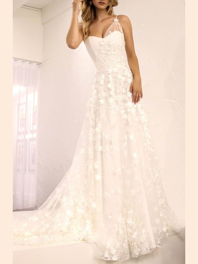 A-line One Shoulder Lace Court Train Flower(s) Wedding Dresses #UKM00024530
