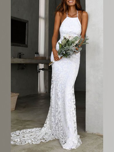 Trumpet/Mermaid Square Neckline Lace Sweep Train Wedding Dresses #UKM00024531