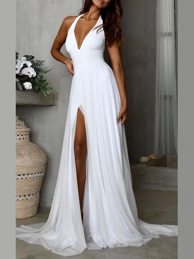A-line Halter Chiffon Sweep Train Wedding Dresses With Split Front #UKM00024532