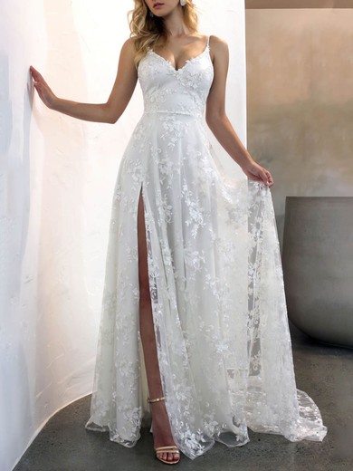 A-line V-neck Lace Sweep Train Appliques Lace Wedding Dresses #UKM00024536