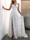 A-line V-neck Lace Sweep Train Wedding Dresses With Split Front #UKM00024536