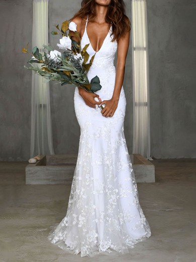 Trumpet/Mermaid V-neck Lace Sweep Train Appliques Lace Wedding Dresses #UKM00024537