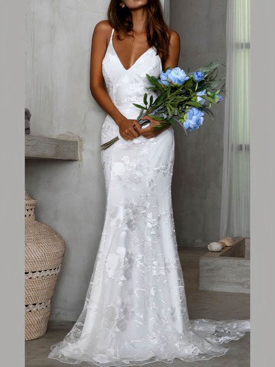 Trumpet/Mermaid V-neck Lace Sweep Train Wedding Dresses #UKM00024539