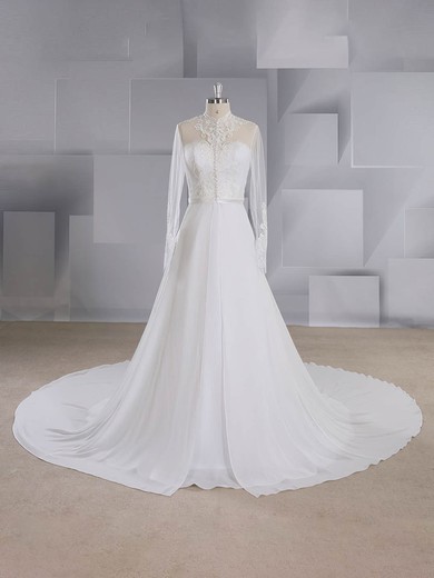 A-line High Neck Chiffon Court Train Appliques Lace Wedding Dresses #UKM00024541