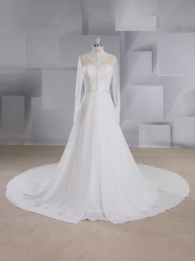 A-line High Neck Chiffon Court Train Appliques Lace Wedding Dresses #UKM00024541