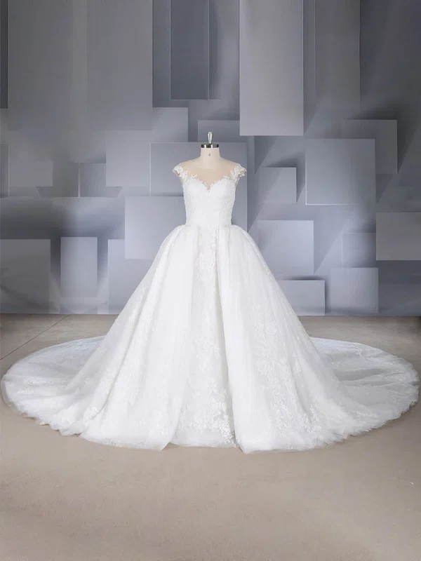 Ball Gown Illusion Tulle Watteau Train Wedding Dresses With Appliques Lace #UKM00024542
