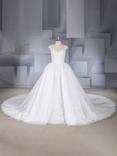 Ball Gown Scoop Neck Tulle Watteau Train Appliques Lace Wedding Dresses #UKM00024542