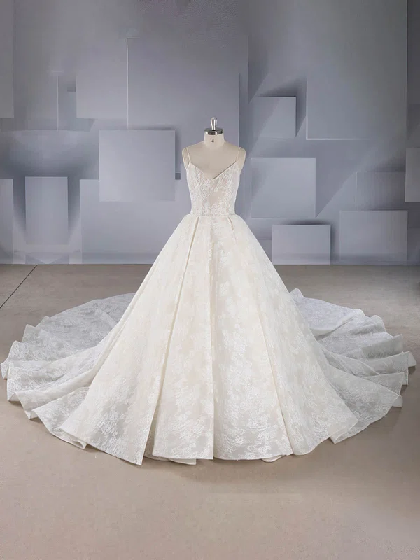 Ball Gown V-neck Lace Chapel Train Wedding Dresses With Sequins #UKM00024544