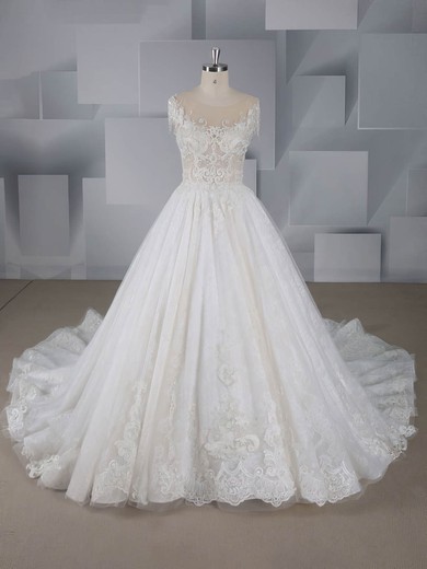 Ball Gown Scoop Neck Tulle Court Train Beading Wedding Dresses #UKM00024547