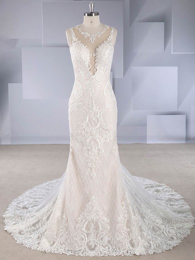 Trumpet/Mermaid Illusion Tulle Court Train Wedding Dresses With Appliques Lace #UKM00024551
