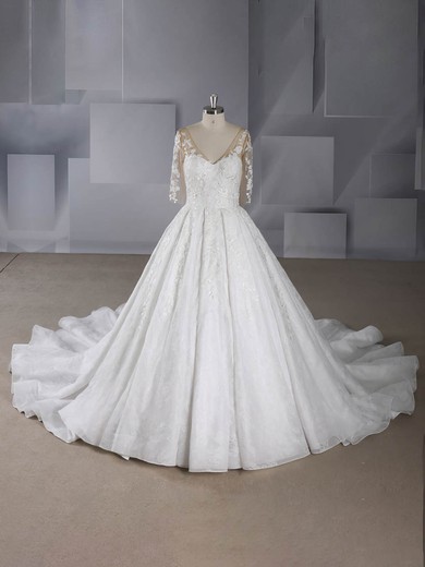 Ball Gown V-neck Tulle Court Train Beading Wedding Dresses #UKM00024552