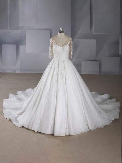 Ball Gown V-neck Tulle Court Train Beading Wedding Dresses #UKM00024552