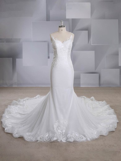 Trumpet/Mermaid V-neck Tulle Court Train Wedding Dresses With Appliques Lace #UKM00024553