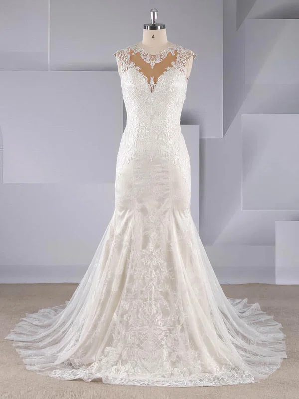 Trumpet/Mermaid Illusion Tulle Sweep Train Wedding Dresses With Appliques Lace #UKM00024554