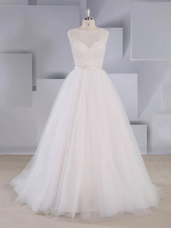 Ball Gown Illusion Tulle Sweep Train Wedding Dresses With Lace #UKM00024556
