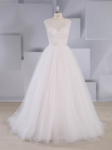 A-line Scoop Neck Tulle Sweep Train Lace Wedding Dresses #UKM00024556