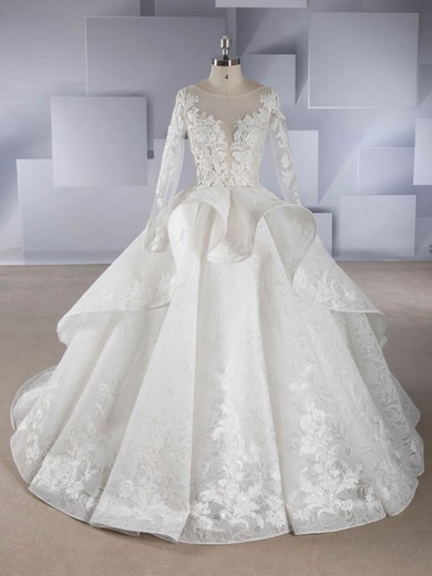 Ball Gown Scoop Neck Organza Chapel Train Appliques Lace Wedding Dresses #UKM00024557