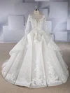 Ball Gown Illusion Organza Chapel Train Wedding Dresses With Cascading Ruffles #UKM00024557