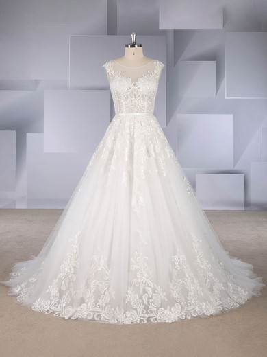 A-line Scoop Neck Tulle Sweep Train Appliques Lace Wedding Dresses #UKM00024558