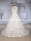 A-line Scoop Neck Tulle Sweep Train Appliques Lace Wedding Dresses #UKM00024558