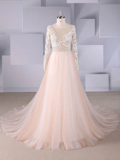 Ball Gown/Princess Illusion Tulle Sweep Train Wedding Dresses With Beading #UKM00024559