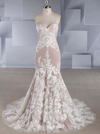 Trumpet/Mermaid Sweetheart Tulle Sweep Train Wedding Dresses With Appliques Lace #UKM00024560