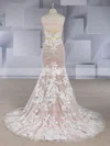 Trumpet/Mermaid Strapless Tulle Sweep Train Appliques Lace Wedding Dresses #UKM00024560