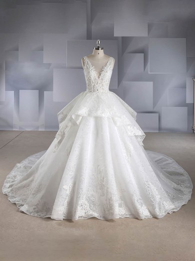 Ball Gown V-neck Lace Chapel Train Wedding Dresses With Beading #UKM00024563