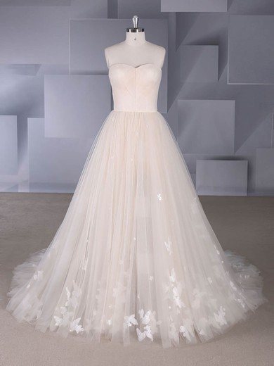 A-line Strapless Tulle Sweep Train Appliques Lace Wedding Dresses #UKM00024565