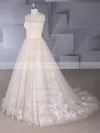 A-line Strapless Tulle Sweep Train Appliques Lace Wedding Dresses #UKM00024565