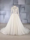 Ball Gown Illusion Tulle Sweep Train Wedding Dresses With Appliques Lace #UKM00024566