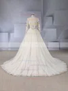 A-line Scoop Neck Tulle Sweep Train Appliques Lace Wedding Dresses #UKM00024566