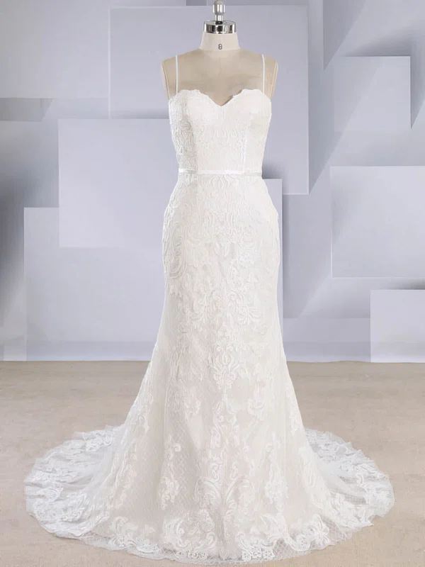 Trumpet/Mermaid V-neck Tulle Sweep Train Wedding Dresses With Appliques Lace #UKM00024568