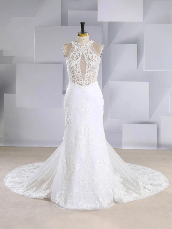 Trumpet/Mermaid Illusion Tulle Court Train Wedding Dresses With Appliques Lace #UKM00024569