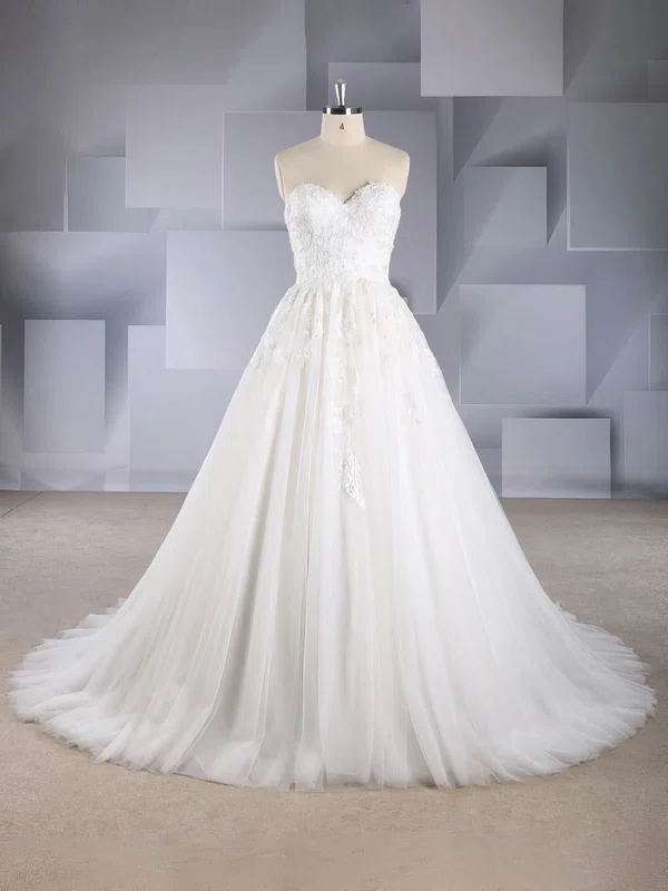 A-line Strapless Tulle Sweep Train Beading Wedding Dresses #UKM00024571