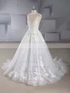 A-line V-neck Tulle Court Train Appliques Lace Wedding Dresses #UKM00024572