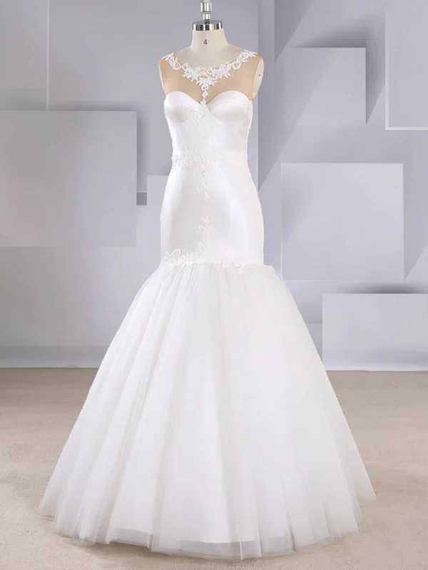 Trumpet/Mermaid Illusion Tulle Sweep Train Wedding Dresses With Appliques Lace #UKM00024575