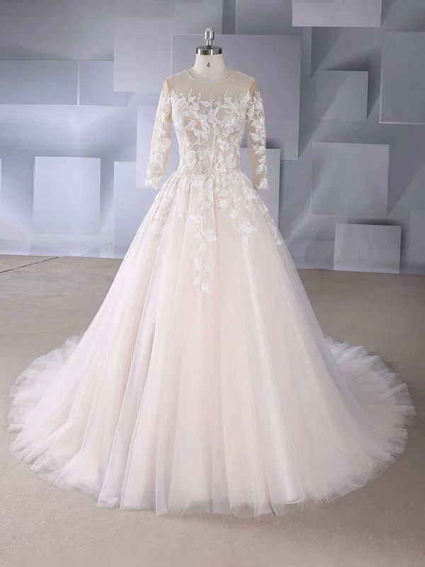 Ball Gown Illusion Tulle Court Train Wedding Dresses With Appliques Lace #UKM00024576