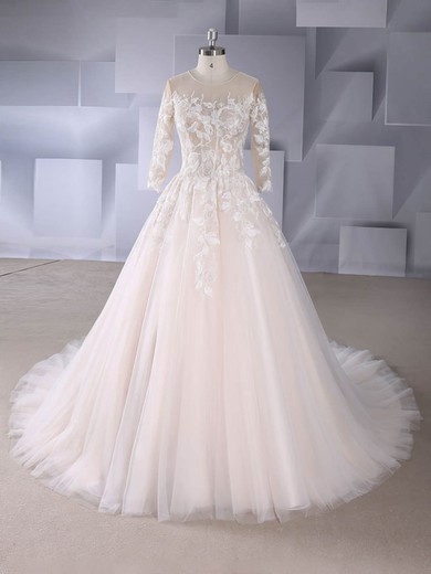 A-line Scoop Neck Tulle Court Train Appliques Lace Wedding Dresses #UKM00024576