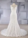Trumpet/Mermaid V-neck Tulle Sweep Train Wedding Dresses With Appliques Lace #UKM00024577
