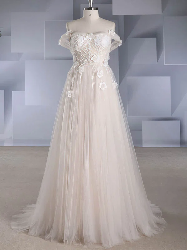 Ball Gown Off-the-shoulder Tulle Sweep Train Wedding Dresses With Beading #UKM00024578
