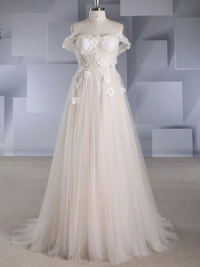 Ball Gown/Princess Off-the-shoulder Tulle Sweep Train Wedding Dresses With Beading #UKM00024578