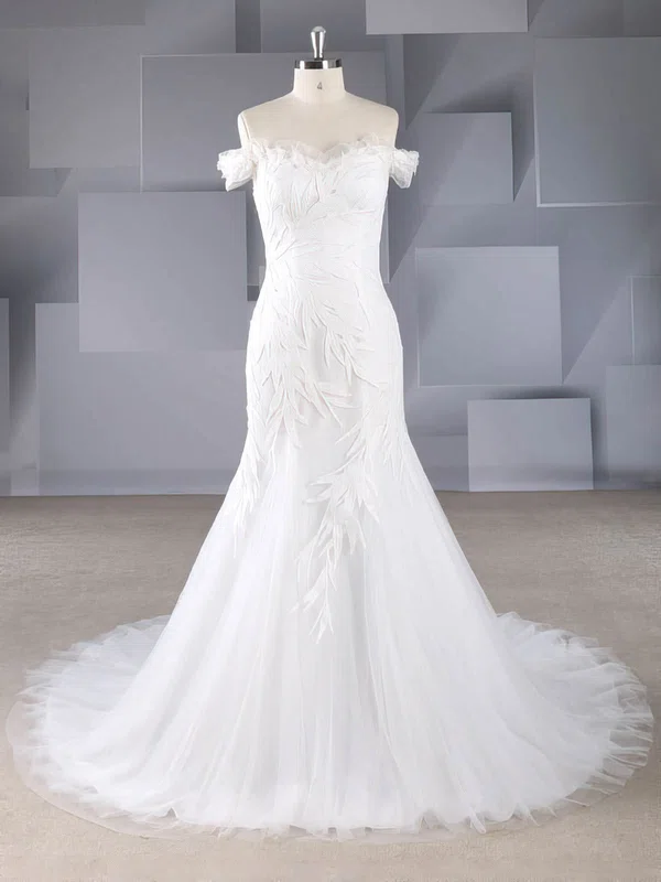Trumpet/Mermaid Off-the-shoulder Tulle Sweep Train Wedding Dresses With Appliques Lace #UKM00024579